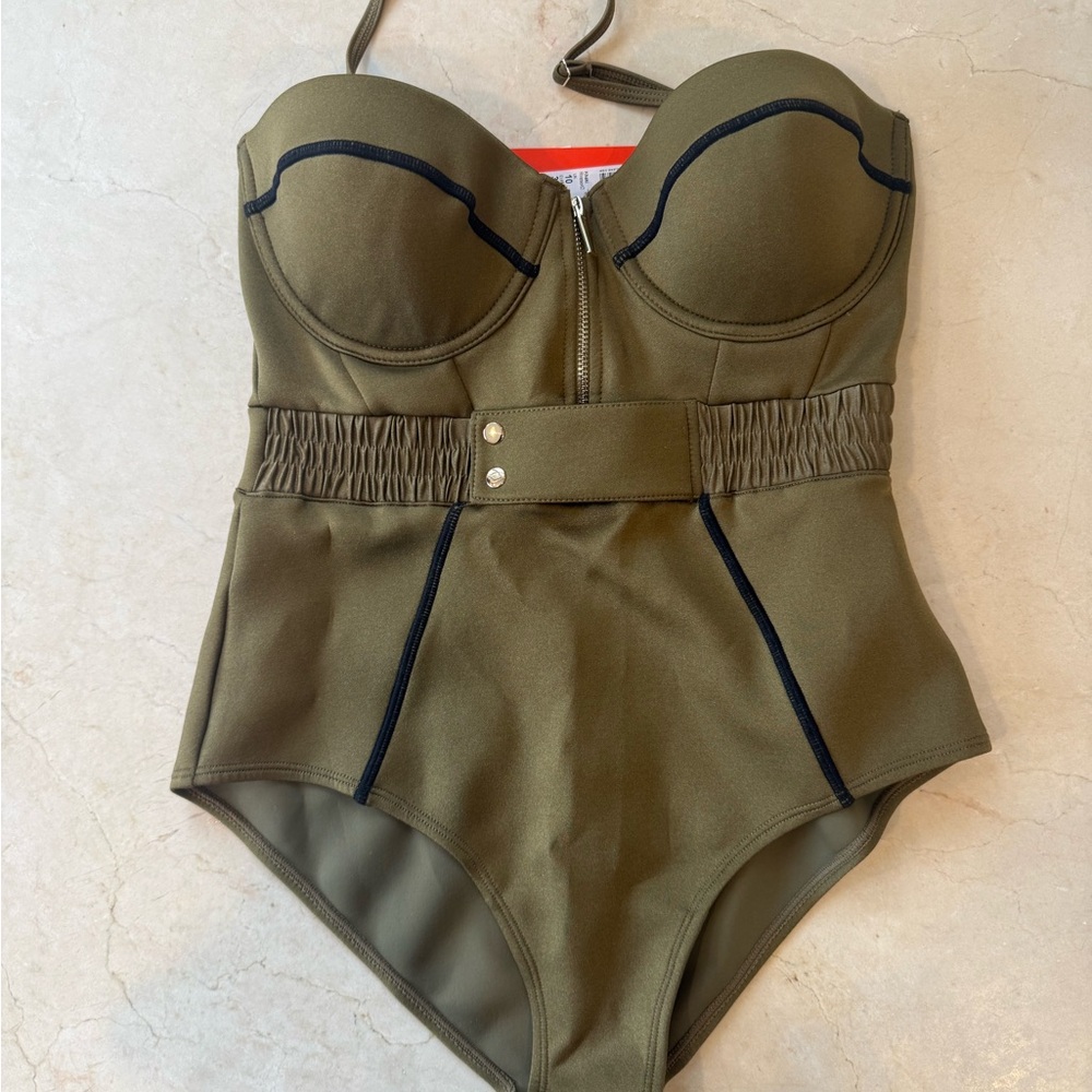 River Island Olive Green Swimsuit with Black Trim